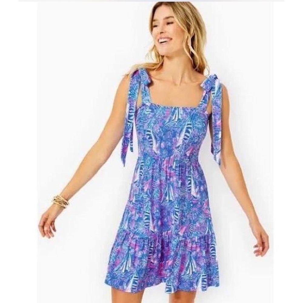 NWOT Lilly Pulitzer Kailua Smocked Dress Blue Pink Boat Bow Tie Straps Sz XS